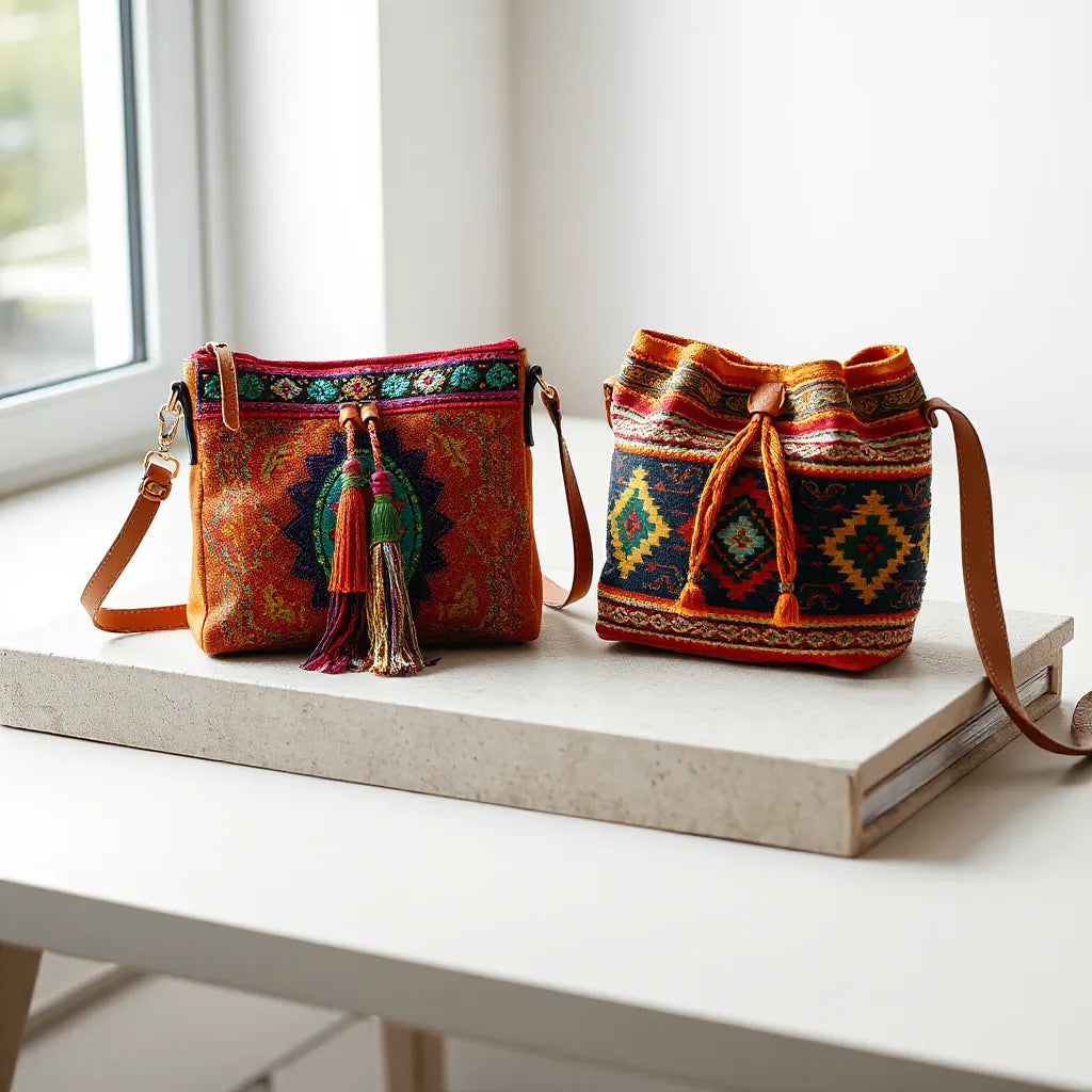 Colorful embroidered and woven ethnic bags with tassel details on a neutral studio background