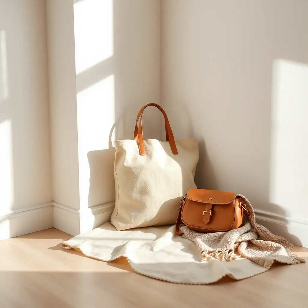 Eco-friendly tote and crossbody bags on a neutral tabletop with a linen outfit.