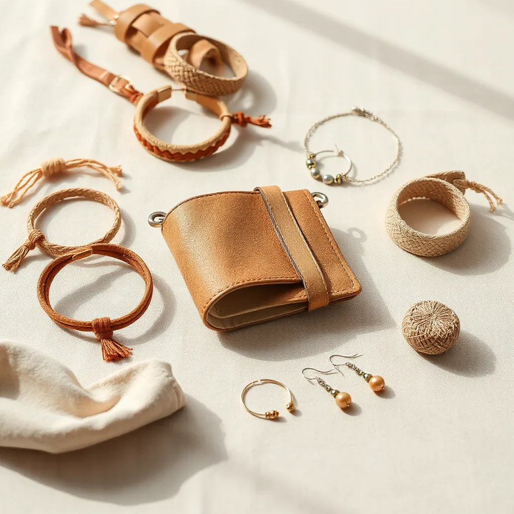 Handmade bracelets, a woven crossbody bag, and delicate earrings arranged on a linen tabletop.