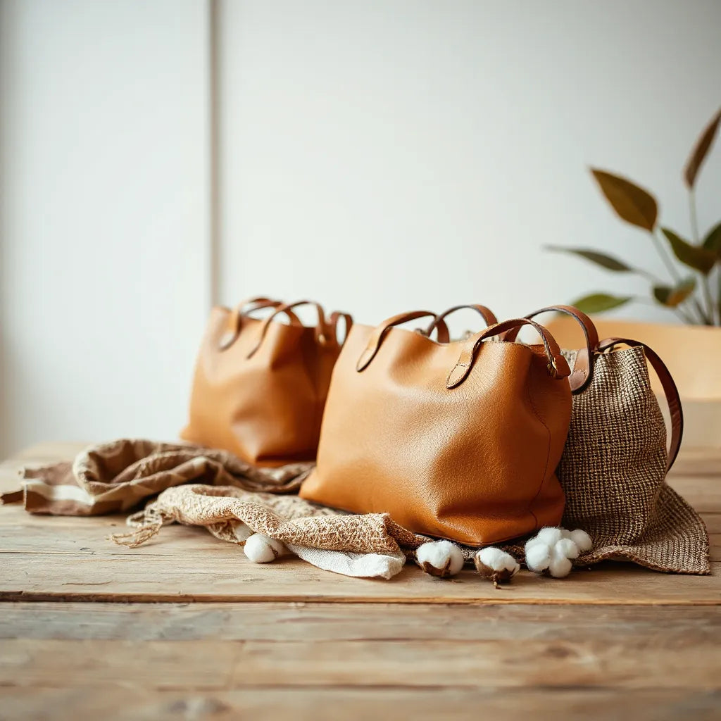 Handcrafted Indian artisan bags with detailed stitching displayed on a wooden table under soft natural light