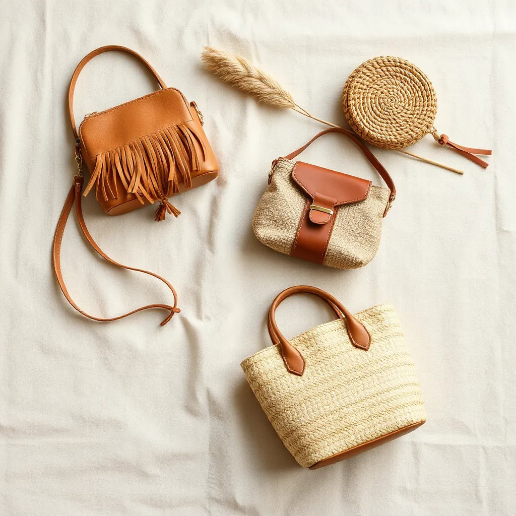 Boho style handbags with fringe and woven textures arranged on neutral linen with warm earthy tones.