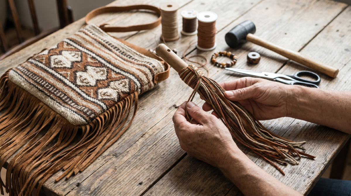 Close-up of artisan hands attaching colorful tassels to a handcrafted bohemian bag with embroidered details