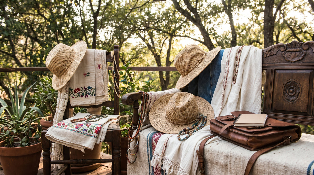 Colorful bohemian textiles with Indian embroidery, beadwork, and patchwork details spread across a wooden surface