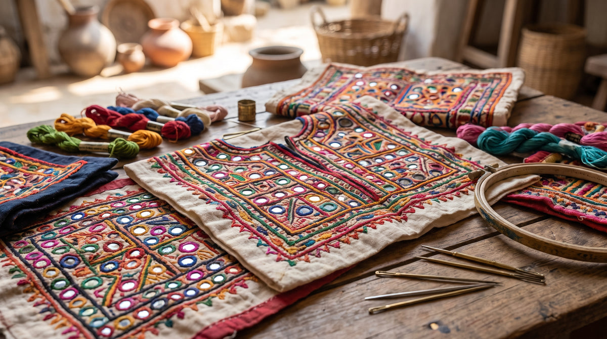 Close-up of colorful Banjara embroidery stitches on traditional textile with mirror work and geometric patterns