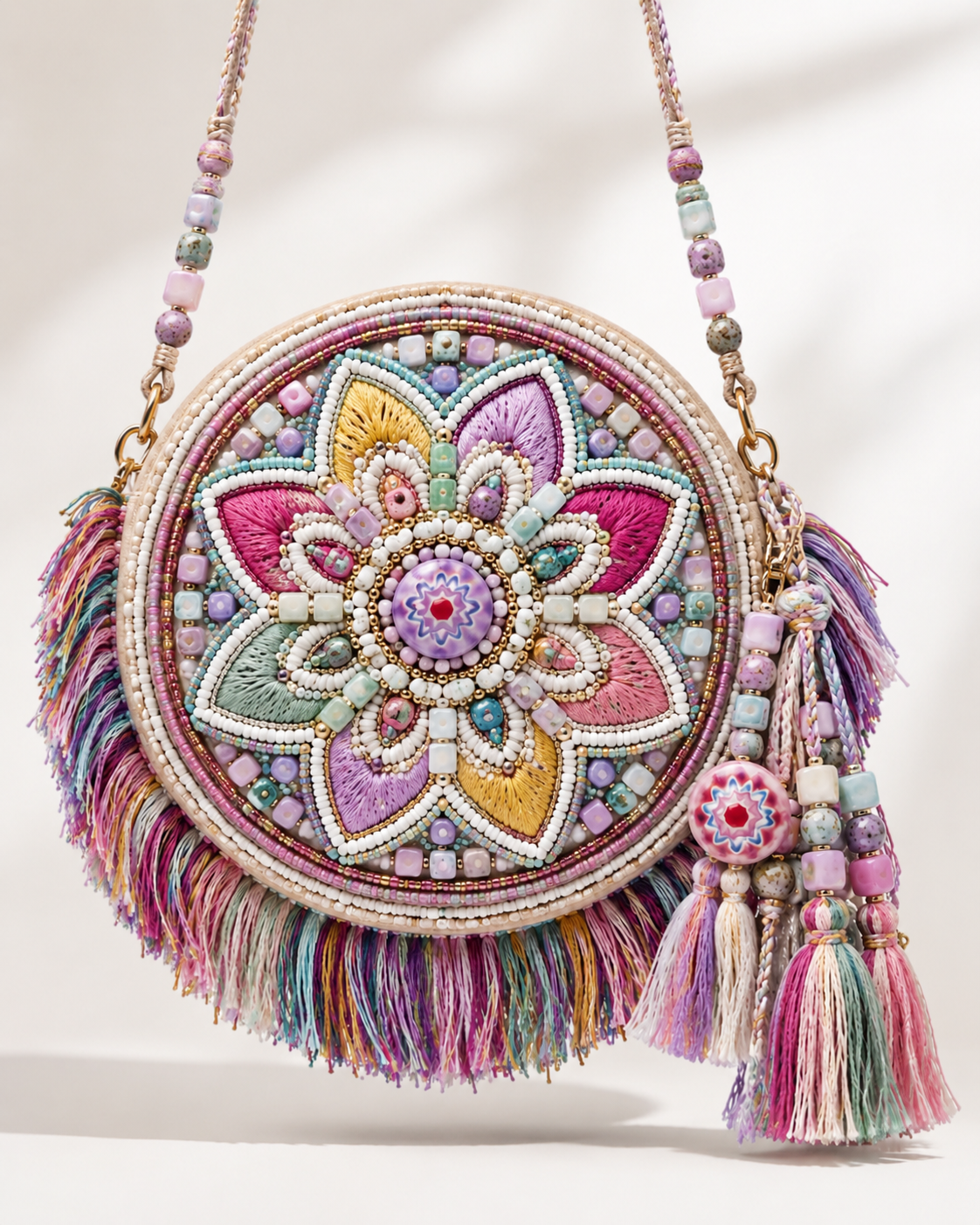 Round fabric bag with a pastel beaded lotus design, multi-colored fringe, and a beaded shoulder strap.